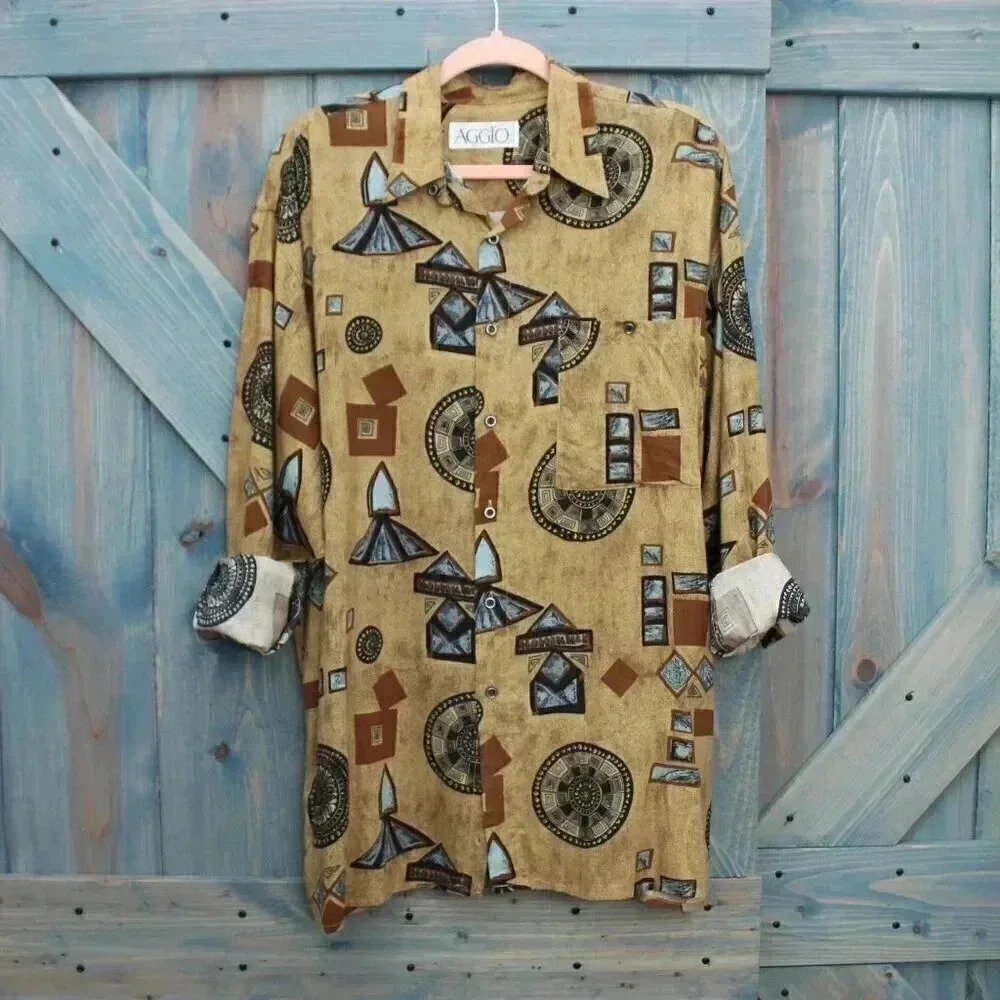 Mens Vintage 80s Abstract Print Button Down Shirt Rayon Burning Man Aggio - Picture 6 of 7